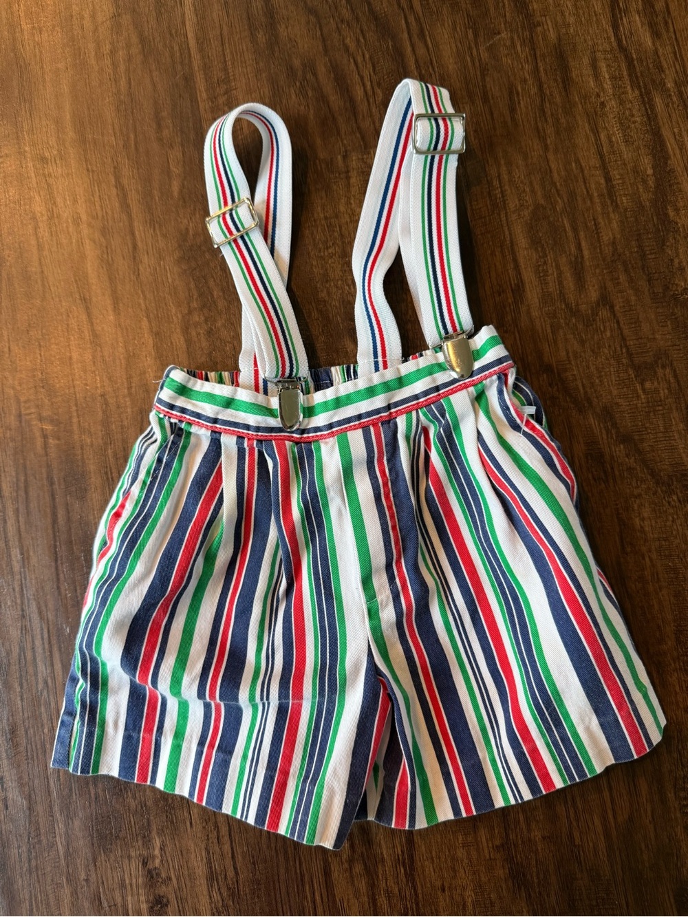 80s Kids Striped Suspender Shorts - White with Red, Blue & Green